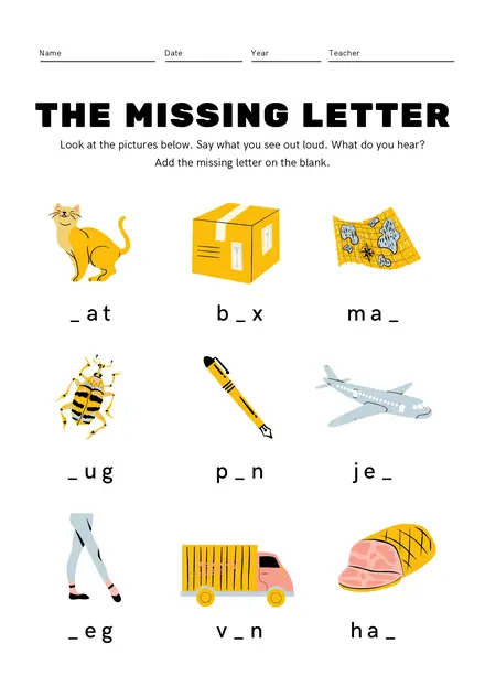 The missing letter worksheet